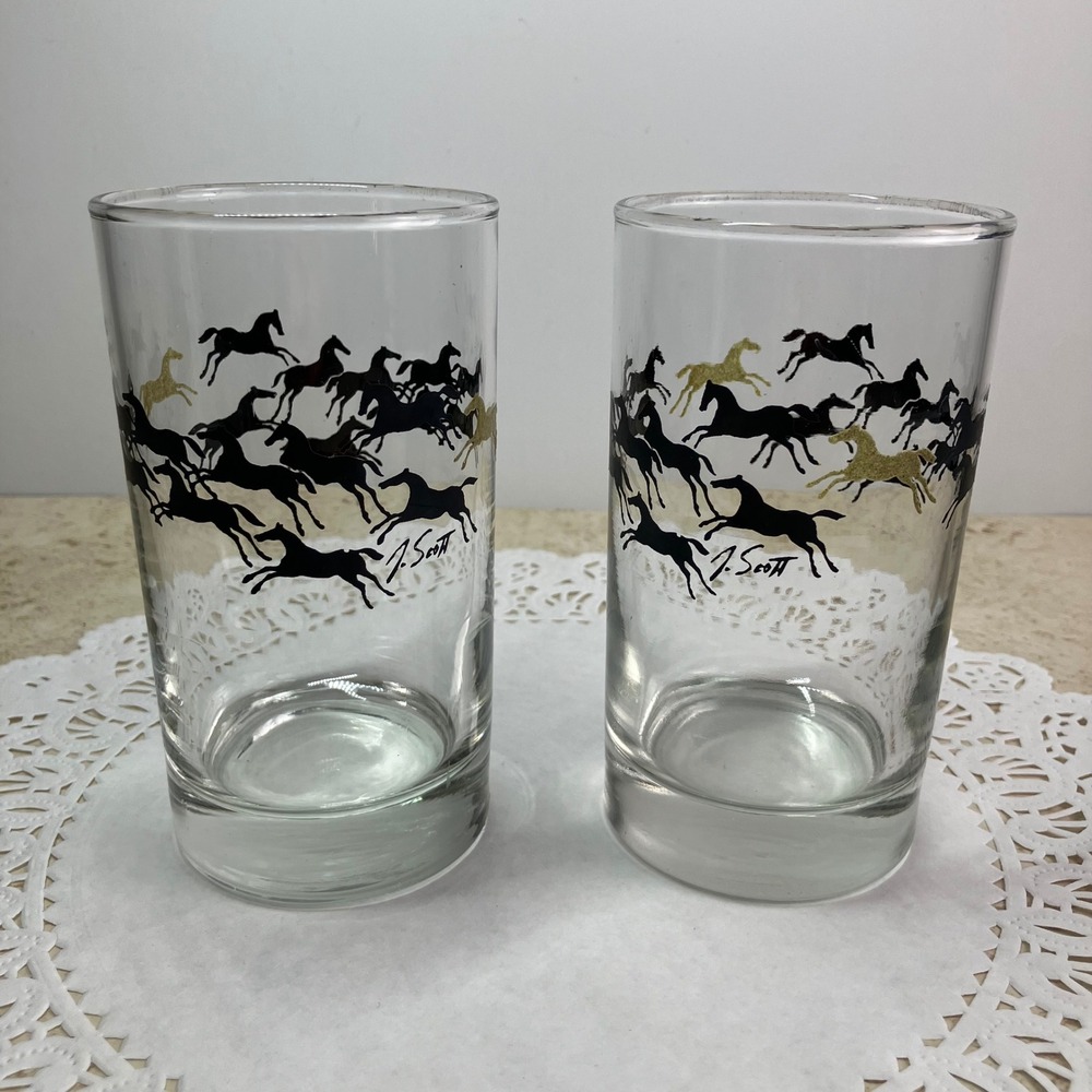 J. Scott Highball Glasses Set of 2 Clear Black Gold Running Horses Vintage